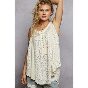 POL Natural Cream Floral Sleeveless A Line Top with Button Neck